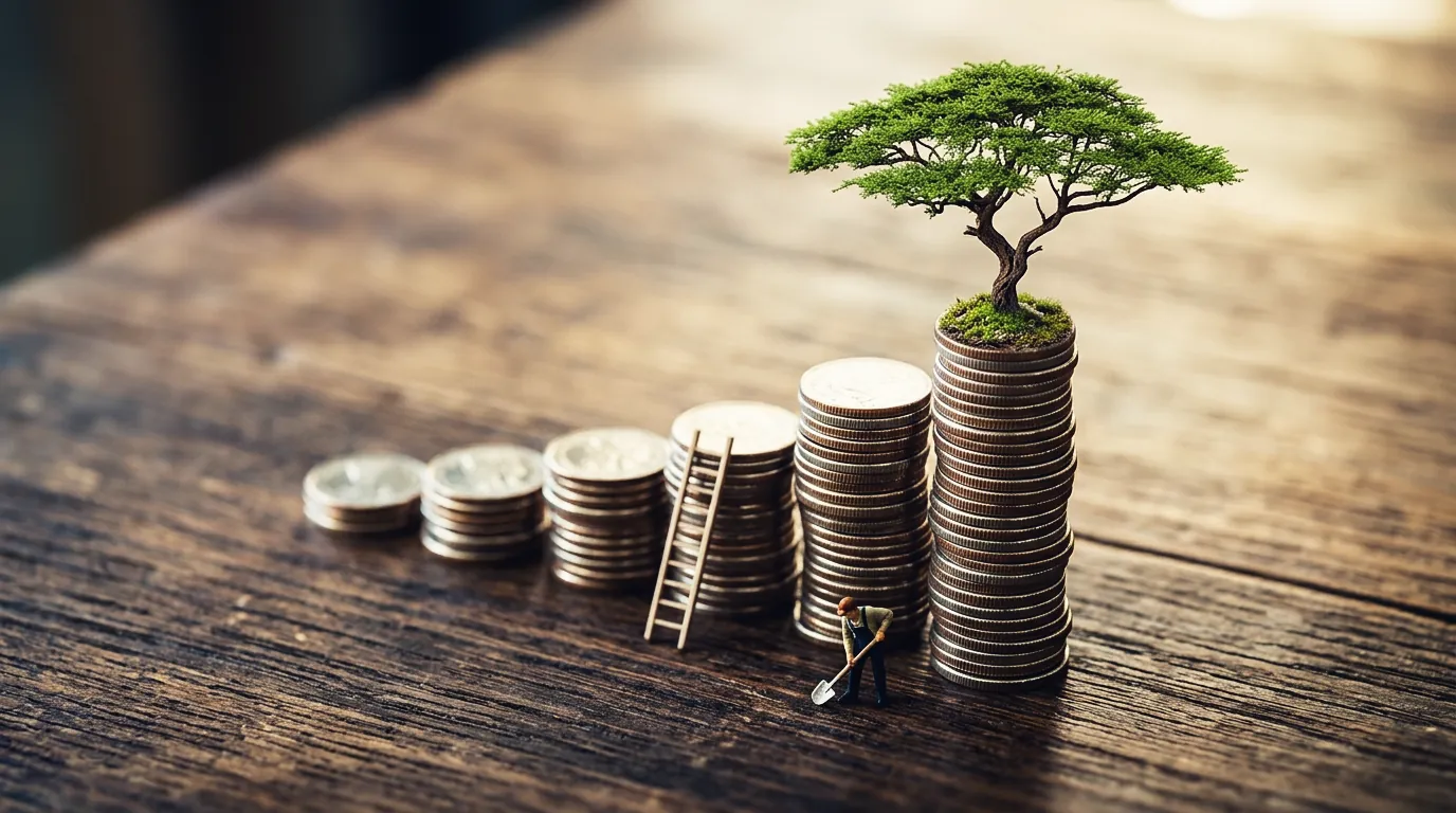 Coin stacks rise in steps to a small tree, with a ladder against them